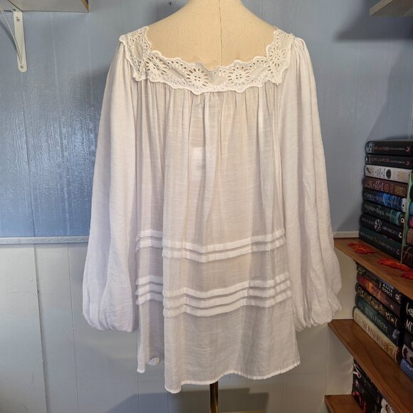 Cato 26/28 White Eyelet Square Neck Ruffle Flowy Balloon Sleeve Casual Blouse - Picture 6 of 11